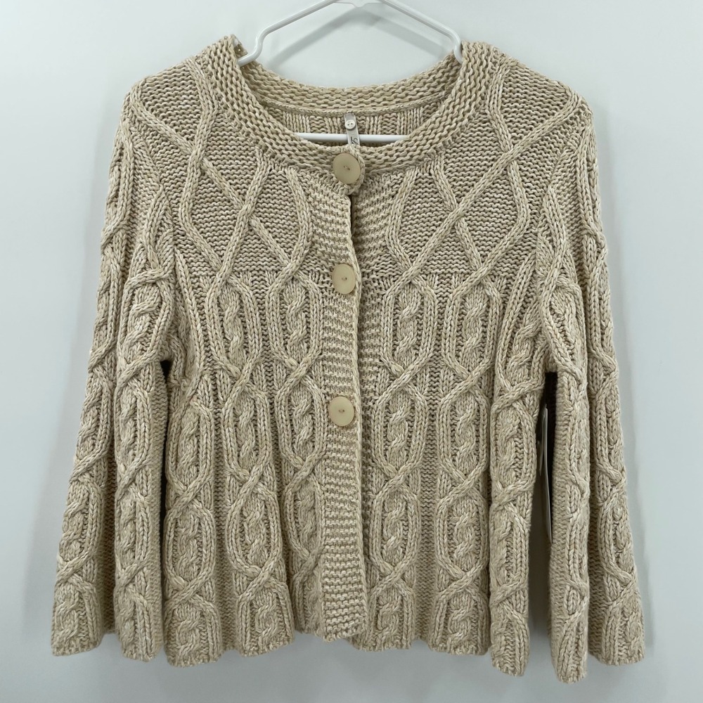NWT Womens Cable Knit Cropped Cardigan Sweater Sz Small Oat Beige Chunky Neutral - Picture 2 of 10
